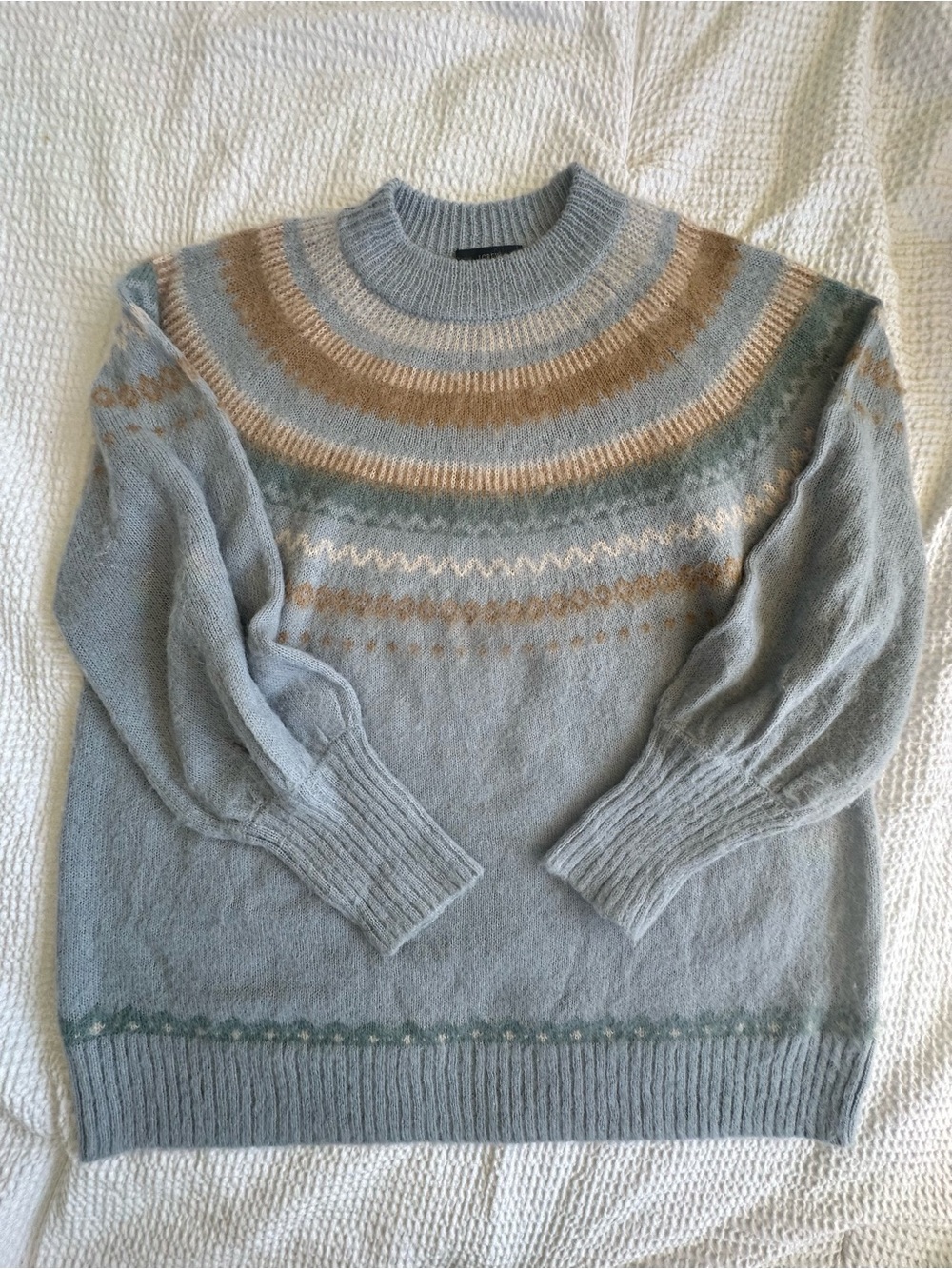 J. Crew Light Blue Fair Isle Crewneck Sweater with Tan/Cream Women’s L